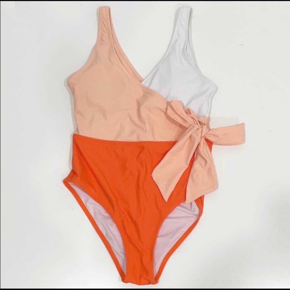Cupshe orange, cream, and white v-neck wrap w/ tie One Piece swimsuit - Picture 2 of 3